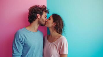 AI generated happy kisses couple on minimalist vivid background with copy space photo