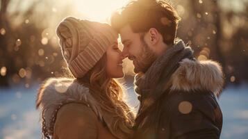 AI generated Happy couple touching foreheads being romantic and kissing while posing under sunlight photo