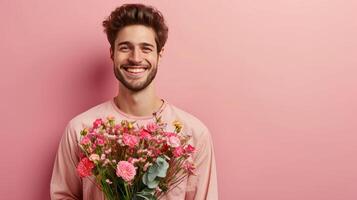 AI generated handsome man with flower bouquet on minimalist background with copy space photo