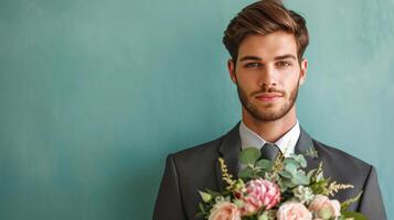 AI generated handsome business man with flower bouquet on minimalist background with copy space photo