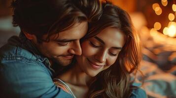 AI generated happy couple hug, bond and spending relax morning together in bedroom photo