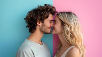 AI generated happy kisses couple on minimalist vivid background with copy space photo