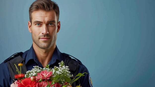 AI generated handsome police man with flower bouquet on minimalist background with copy space photo