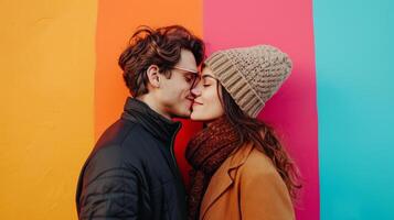 AI generated happy kisses couple on minimalist vivid background with copy space photo