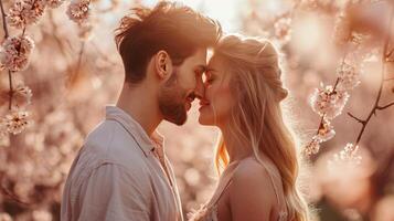 AI generated Happy couple touching foreheads being romantic and kissing while posing under sunlight photo