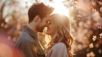 AI generated Happy couple touching foreheads being romantic and kissing while posing under sunlight photo