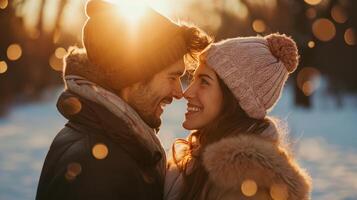 AI generated Happy couple touching foreheads being romantic and kissing while posing under sunlight photo