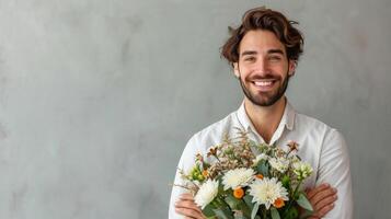 AI generated handsome business man with flower bouquet on minimalist background with copy space photo