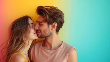 AI generated happy kisses couple on minimalist vivid background with copy space photo