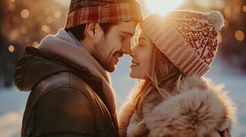 AI generated Happy couple touching foreheads being romantic and kissing while posing under sunlight photo