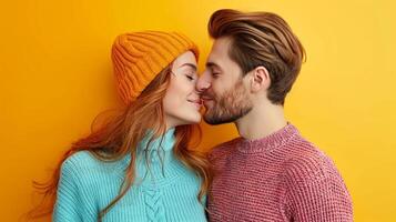 AI generated happy kisses couple on minimalist vivid background with copy space photo