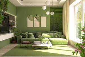 AI generated Modern green living room design with sofa and furniture with flowers. photo