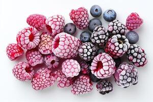 AI generated Frozen forest fruits, raspberries, blackberries and blueberries on a white background photo