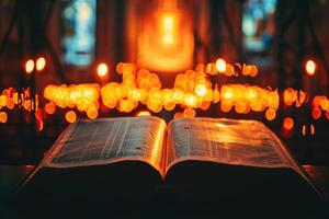 ai generado abierto santo Biblia libro con brillante luces en Iglesia foto