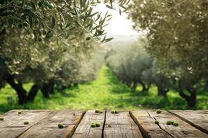 AI generated Empty old wooden table for product display with natural green olive field and green olives photo