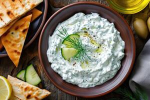 AI generated Traditional Greek Tzatziki dip sauce made with cucumber sour cream, Greek yogurt, lemon juice, olive oil and a fresh sprig of dill weed. Served with toasted Pita bread. photo