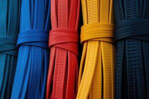 AI generated Colored strength textile tapes. Woven rope made of nylon or polyester in various colors. photo