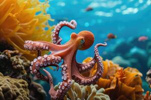 AI generated Octopus and coral reef in the sea. photo