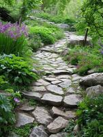 AI generated Stone walk path in the garden. photo