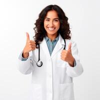 AI generated Woman doctor smiling in medical gown with thumbs up. Woman isolated on white background. photo