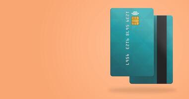 Banner of realistic credit cards in Peach Fuzz color background. Credit cards mockup. 3D Rendering. Ilustration design with empty space for text or logo presentation. photo