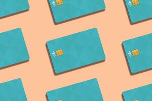 Pattern of realistic credit cards in Peach Fuzz color background. Credit cards pattern for mockup. 3D Rendering. photo