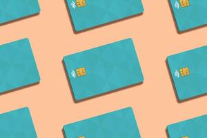 Pattern of realistic credit cards in Peach Fuzz color background. Credit cards pattern for mockup. 3D Rendering. photo