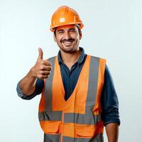AI generated Caucasian man worker smiling in helmet and orange vest with thumbs up. Man isolated on white background. photo