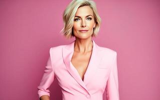 AI generated Beautiful and elegant senior woman in pink clothing stands against a pink background. Studio shot. photo