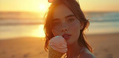 ai generado un niña participación un hielo crema a un playa en su cabeza foto