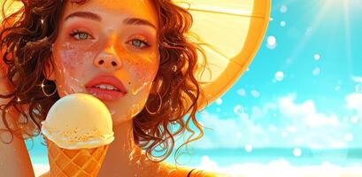 AI generated a girl holding an ice cream at a beach on her head photo