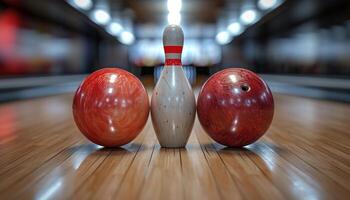 ai generado un bolos alfiler, bolos pelota y un bolos pelota golpear el madera foto