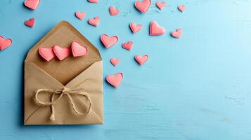 AI generated envelope with paper hearts on minimalist vivid background with copy space photo