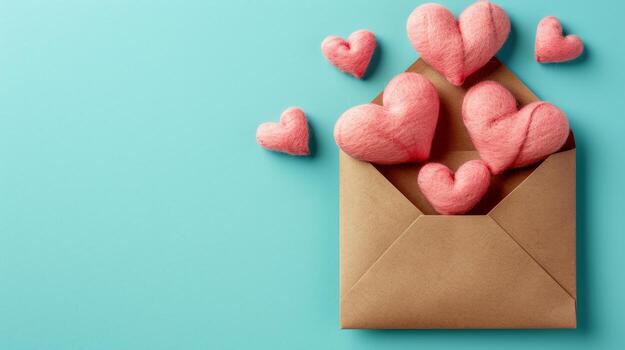 AI generated envelope with paper hearts on minimalist vivid background with copy space photo