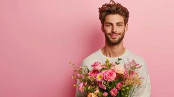 AI generated handsome man with flower bouquet on minimalist background with copy space photo