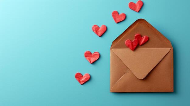 AI generated envelope with paper hearts on minimalist vivid background with copy space photo