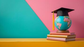 AI generated globe, books and graduation cap on minimalist vivid background with copy space photo