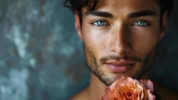 AI generated hansome man with rose flower photo