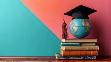 AI generated globe, books and graduation cap on minimalist vivid background with copy space photo