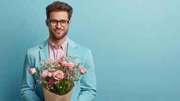 AI generated handsome business man with flower bouquet on minimalist background with copy space photo