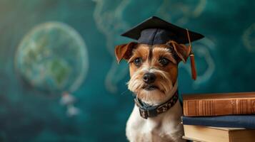 AI generated globe, books and cute dog in graduation cap on minimalist vivid background with copy space photo
