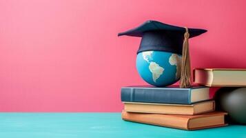 AI generated globe, books and graduation cap on minimalist vivid background with copy space photo