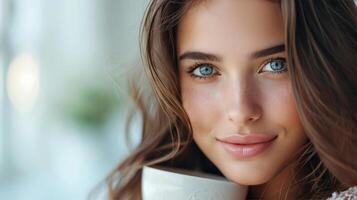 ai generado de cerca retrato de hermosa joven morena mujer con café foto