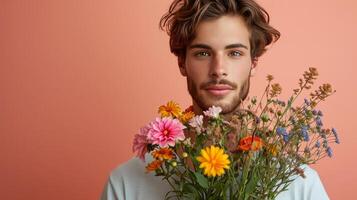 AI generated handsome man with flower bouquet on minimalist background with copy space photo