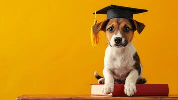 AI generated globe, books and cute dog in graduation cap on minimalist vivid background with copy space photo