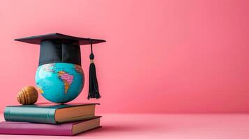 AI generated globe, books and graduation cap on minimalist vivid background with copy space photo