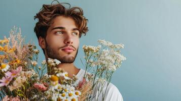 AI generated handsome man with flower bouquet on minimalist background with copy space photo