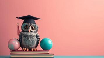 AI generated globe, books and cute owl in graduation cap on minimalist vivid background with copy space photo