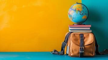 AI generated globe, books and school bag on minimalist vivid background with copy space photo