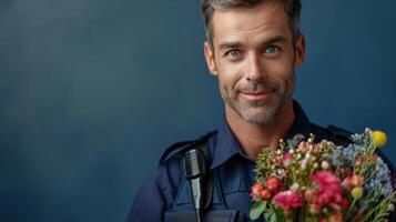 AI generated handsome police man with flower bouquet on minimalist background with copy space photo